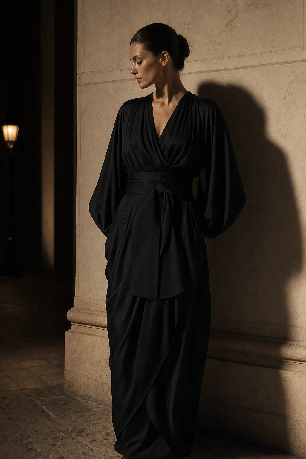 The Open Shoulder in Onyx Black, Washed Silk Satin